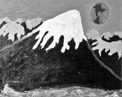 Alien mountainscape with a distant Earth visible in the sky