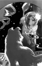 A collie in a spaceship watches her crewmates taking a space walk.