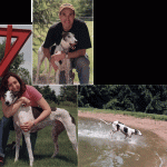 Paul hugs Sam outdoors; Heather cuddles Sam in front of a huge "7"-shaped scultpture; Sam dashes through a pond.
